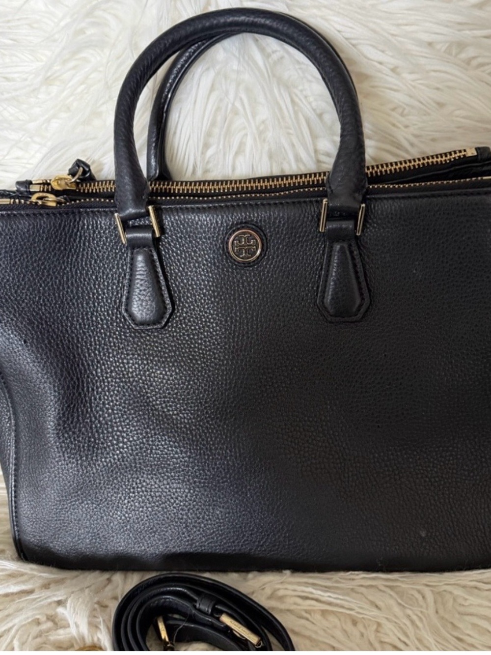 Tory Burch Black Pebbled Leather Crossbody with Gold Logo